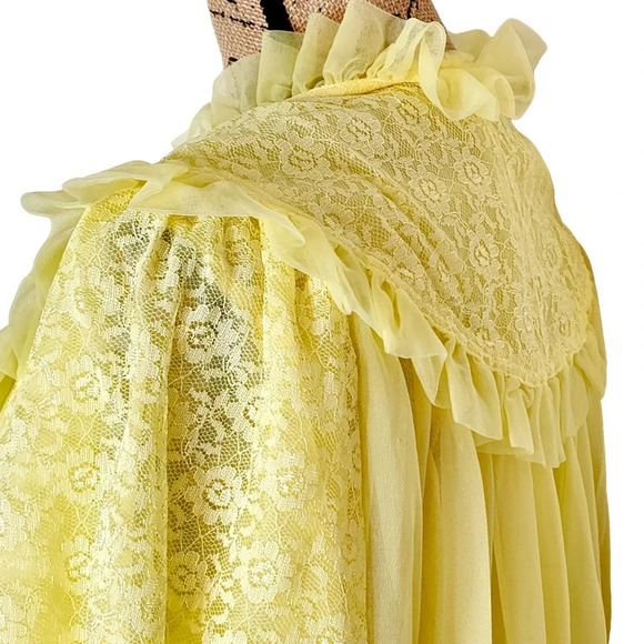 Vintage 60 70s Matching Peignoir Lace sheer Chiffon Set Size Large Medium Yellow - Picture 8 of 16